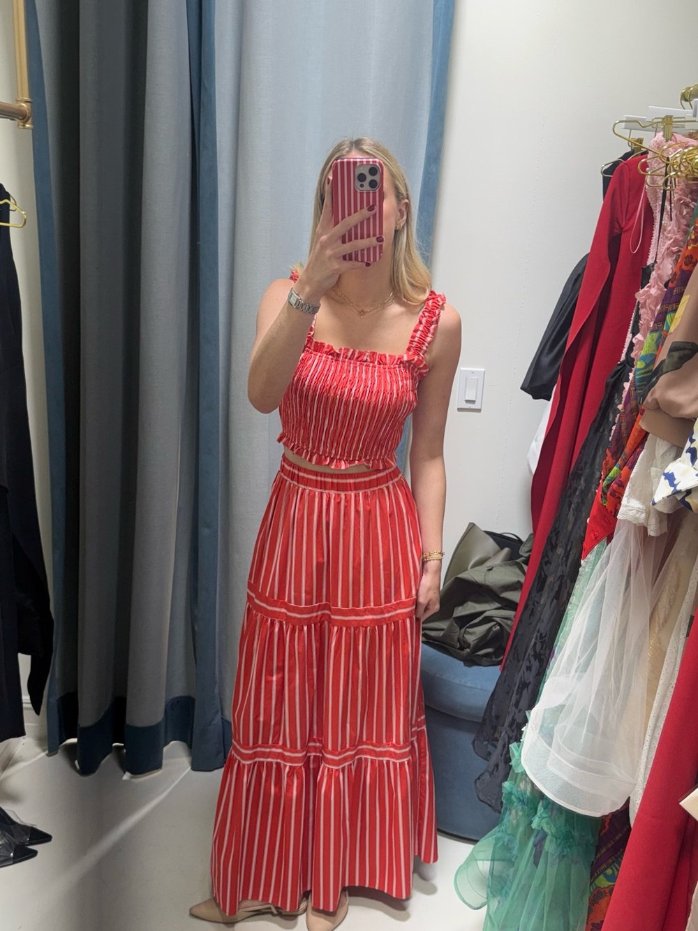 Red Striped Maxi Skirt with Smocked Waist